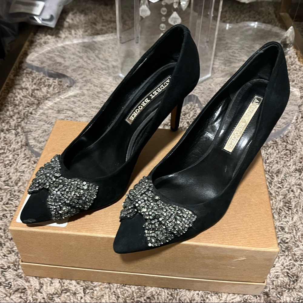 Audrey Brooke Crystal Jeweled Bow Suede Heels